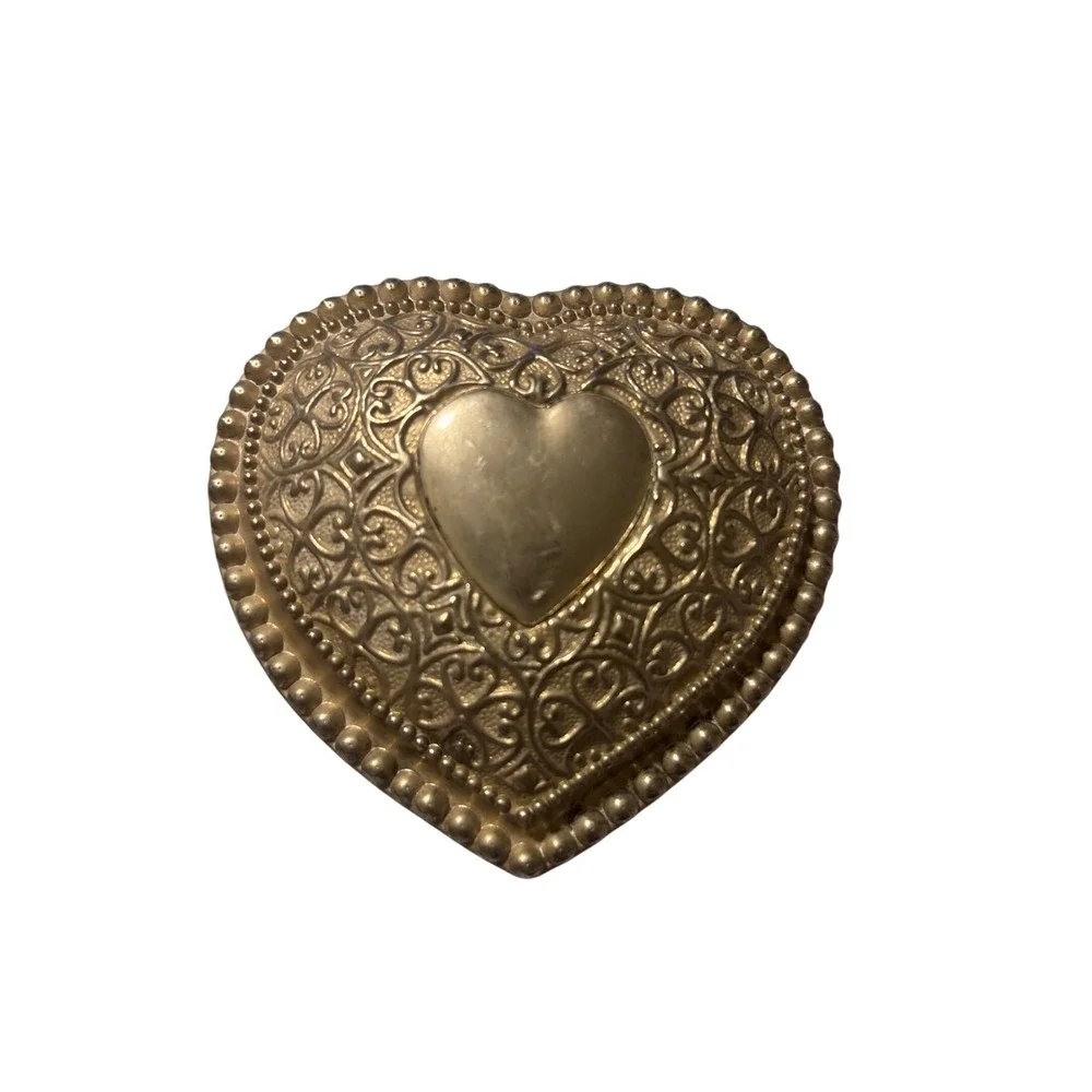 Vintage Gold Heart Trinket Box Ornate Filigree Metal Jewelry Case Purple Velvet